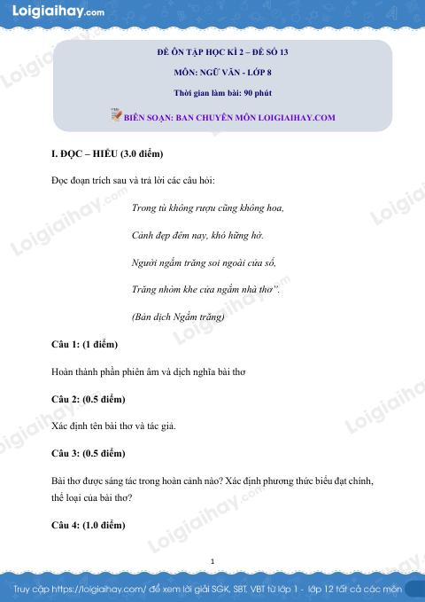 Đề ôn tập học kì 2 Văn 8 - Đề số 13